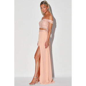 Lulus Love Sweet Blush Lace Off-the-shoulder Two-piece Maxi Dress Pink - Size M